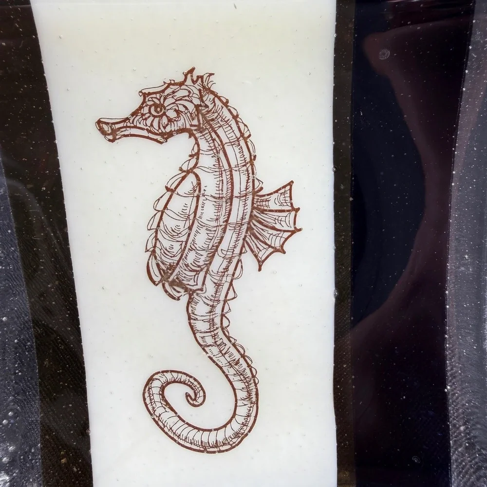 Fused Glass Seahorse Trinket Dish Square Coastal Navy Amber 5in Plate‎